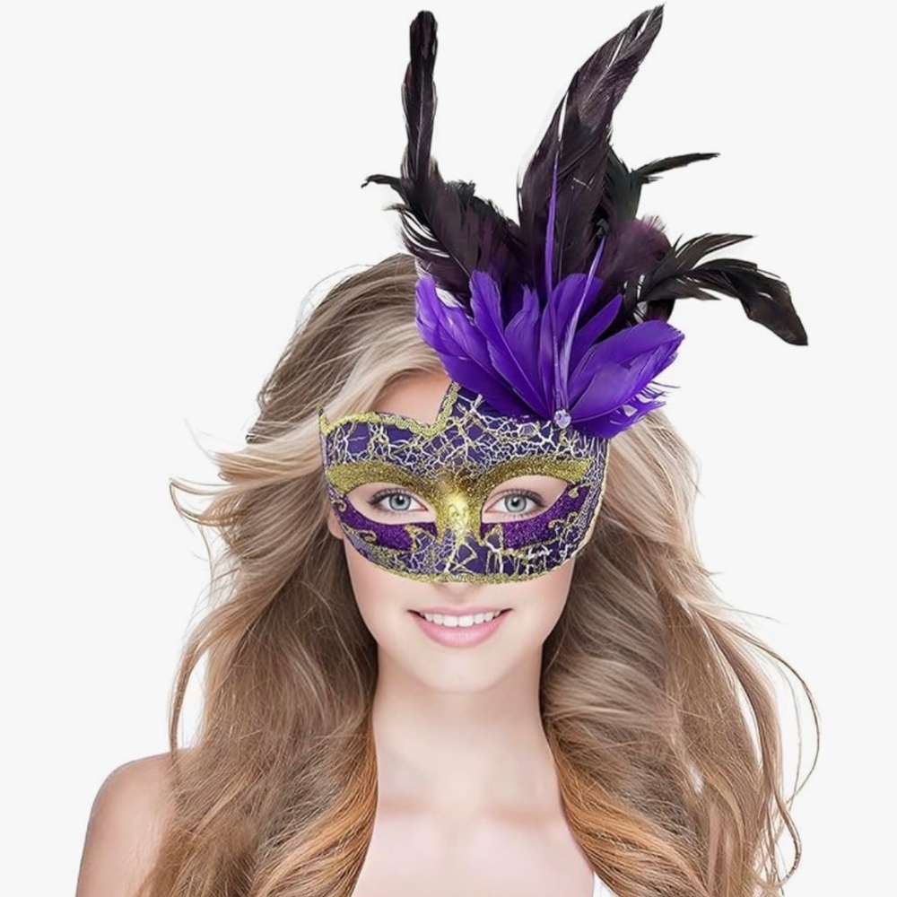 New Feather Masquerade Mardi Gras Mask for Men Women Sparkly Venetian With Scarf
